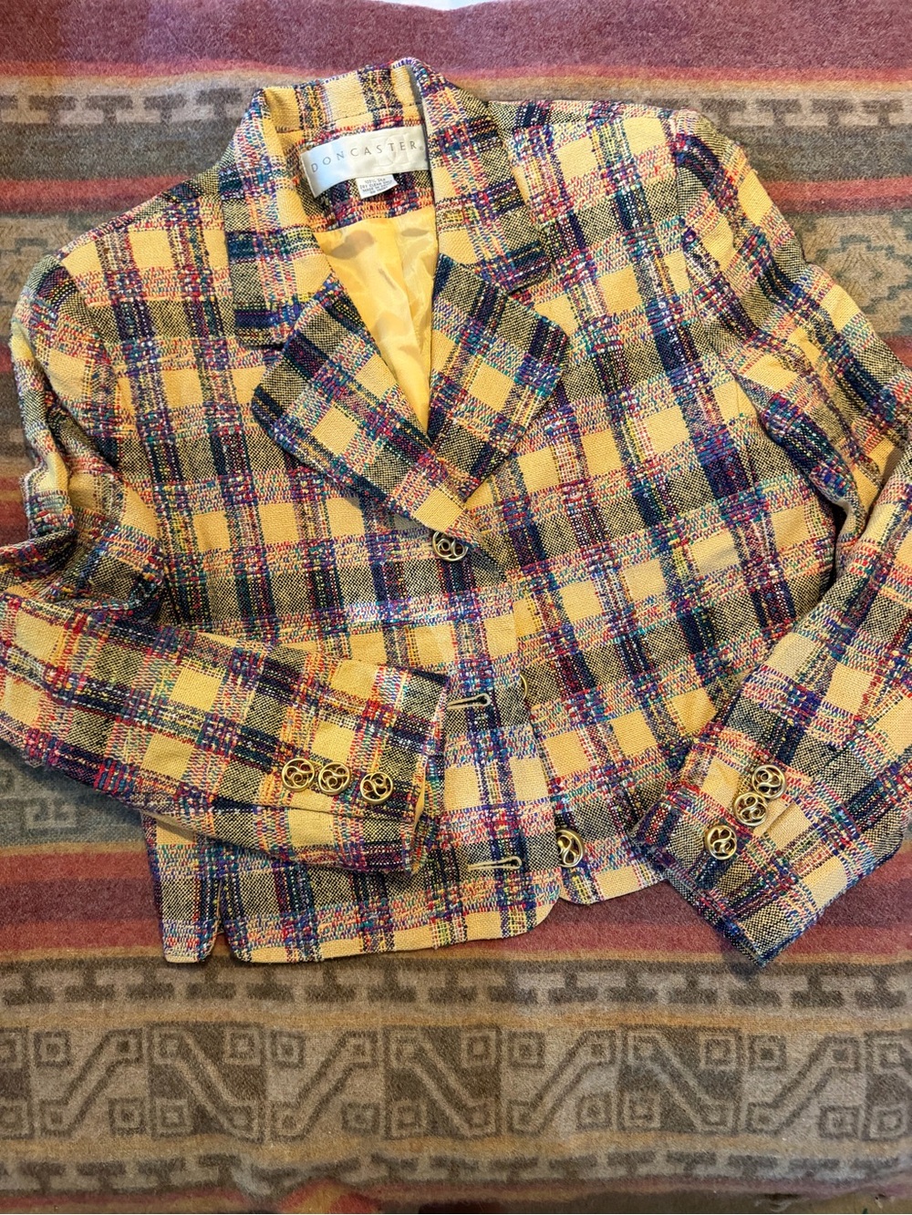 VTG 90’s Doncaster 100% Silk Plaid Tweed Blazer Jacket 6 Gold Buttons old money